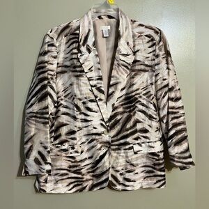 Chicos Womens Linen Beige Animal print 1 Button Lightweight Blazer Size 3/XL New